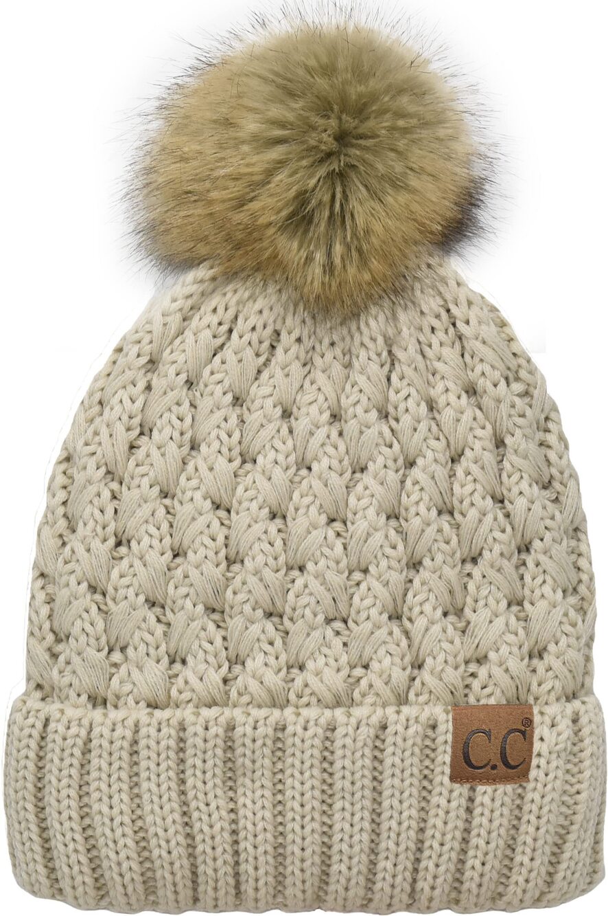 3668 Beanie ’s Thick Cable Knit Faux Fuzzy Fur Pom Lattice Crossover Fleece
